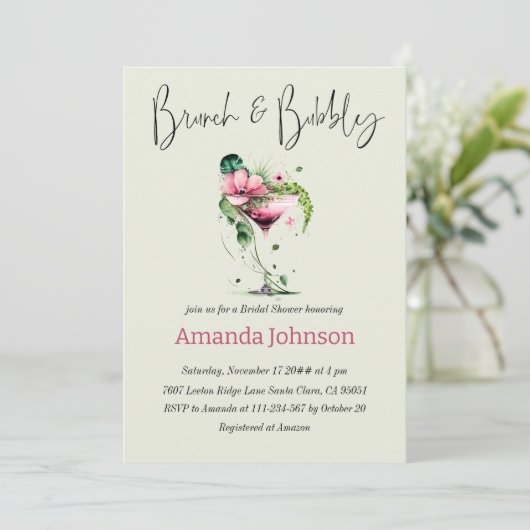 Invitation Brunch & Bubbly Pink Greenery Fête des mariées flo (Debout devant)