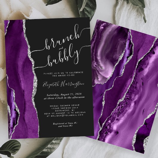 Invitation Brunch & Bubbly Purple Silver Agate Fête des marié
