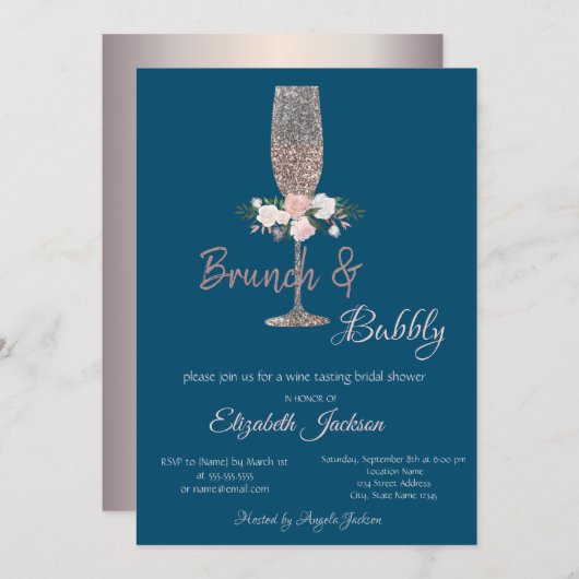 Invitation Brunch & Bubbly Rose Fête des mariées or (Devant / Derrière)