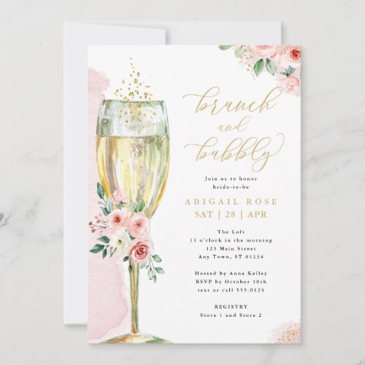 Invitation Brunch & Bubbly Rose Gold Floral Mariage (Devant)