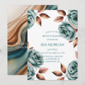 Invitation Brunch & Bubbly Roses sarcelles et feuilles de cui (Devant / Derrière)