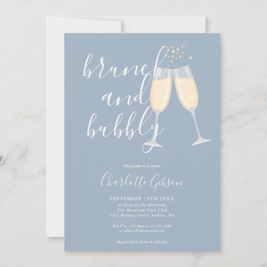 Invitation Brunch Bubbly Script Fête des mariées Dusty Blue (Devant)