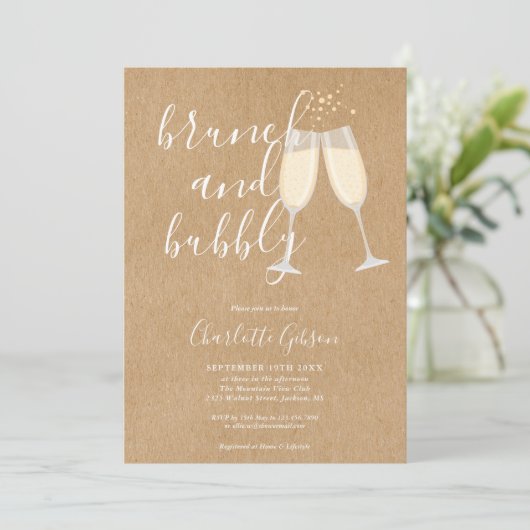 Invitation Brunch Bubbly Script Fête des mariées Rustic Kraft (Debout devant)