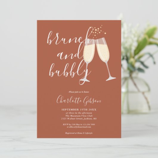 Invitation Brunch Bubbly Script Fête des mariées Terracotta (Debout devant)