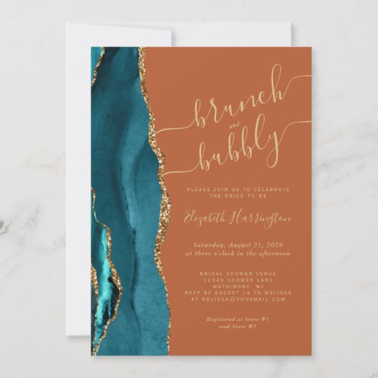 Invitation Brunch & Bubbly Turquoise Agate rouilleDouche nupt (Devant)