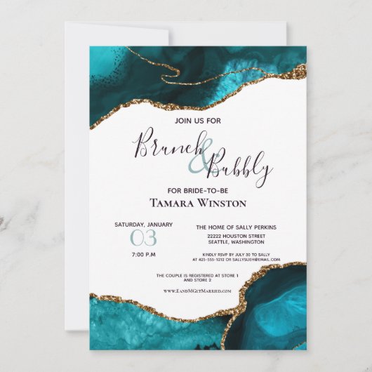Invitation Brunch Bubbly Turquoise Gold Parties scintillant A (Devant)