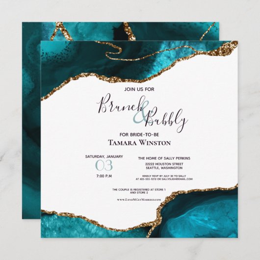 Invitation Brunch Bubbly Turquoise Gold Parties scintillant A (Devant / Derrière)