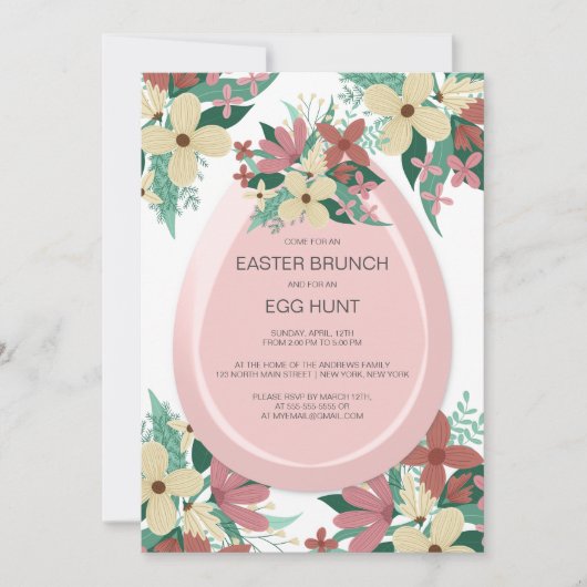 Invitation Brunch Chasse aux oeufs Illustration florale rose  (Devant)