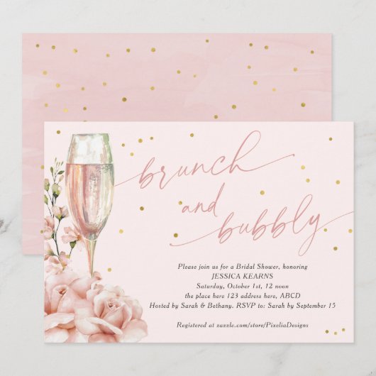 Invitation Brunch chic floral floral flûtes champagne et mous (Devant / Derrière)