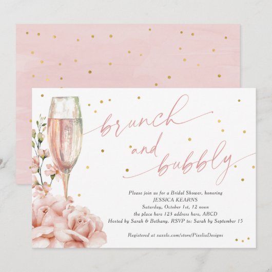 Invitation Brunch chic floral floral flûtes champagne et mous (Devant / Derrière)