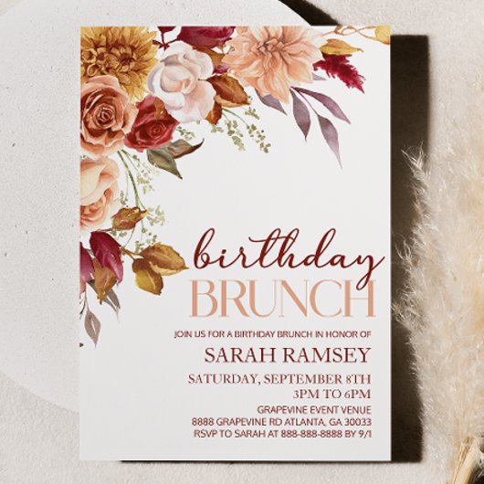 Invitation Brunch d'anniversaire Brown Orange Floral Bourgogn