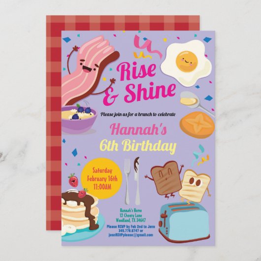 Invitation brunch d'anniversaire violet. Montez et (Devant / Derrière)