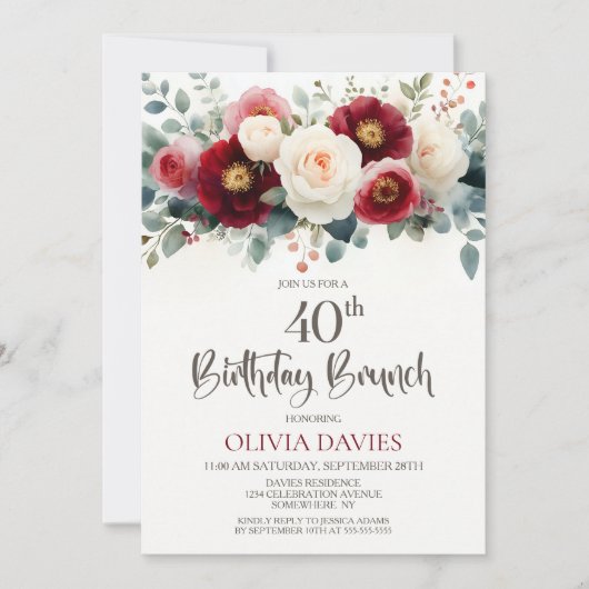 Invitation Brunch de 40e anniversaire en Bourgogne et en Flor (Devant)