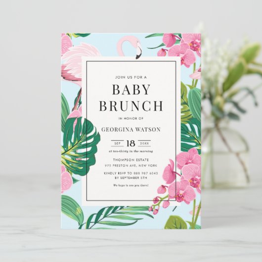 Invitation Brunch de bébé tropical Flamant rose et orchidées (Debout devant)