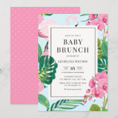 Invitation Brunch de bébé tropical Flamant rose et orchidées (Devant / Derrière)