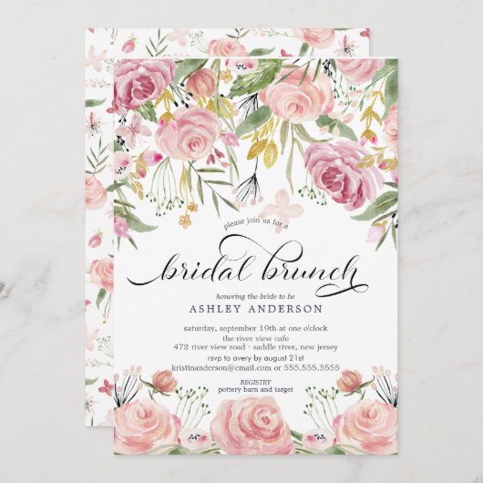 Invitation Brunch de Fête des mariées florale rose pâle (Devant / Derrière)