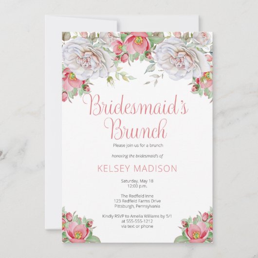 Invitation Brunch de la bonne serveuse rose blanche en fleurs (Devant)