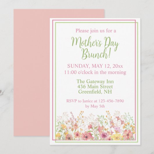 Invitation Brunch de la Fête des mères Fleurs sauvages rose e (Devant / Derrière)