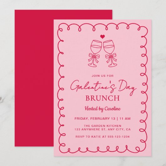 Invitation Brunch de la Saint-Valentin rose et rouge dessiné (Devant / Derrière)