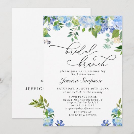 Invitation Brunch de mariage à l'aquarelle avec hydrangea ble (Devant / Derrière)