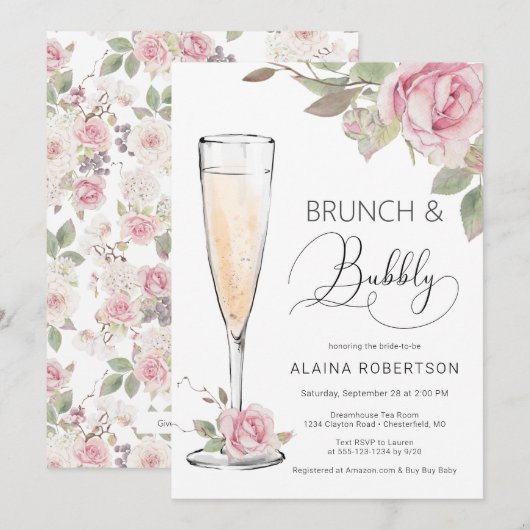 Invitation Brunch de mariage avec rose rose et Mimosa pétilla (Devant / Derrière)