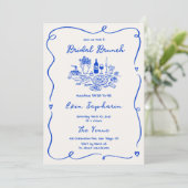 Invitation Brunch de mariage bleu cobalt dessiné à la main (Debout devant)