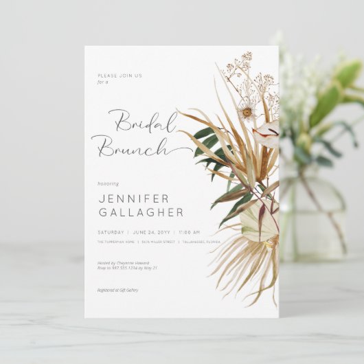 Invitation Brunch de mariage bohème blanc moderne avec fleurs (Debout devant)