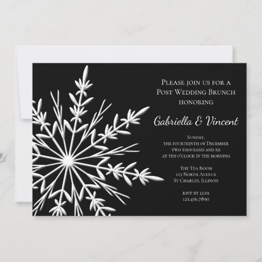 Invitation Brunch de mariage d'hiver flocon de neige noir et (Devant)
