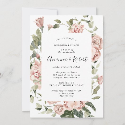 Invitation Brunch de mariage rustique rose floral (Devant)