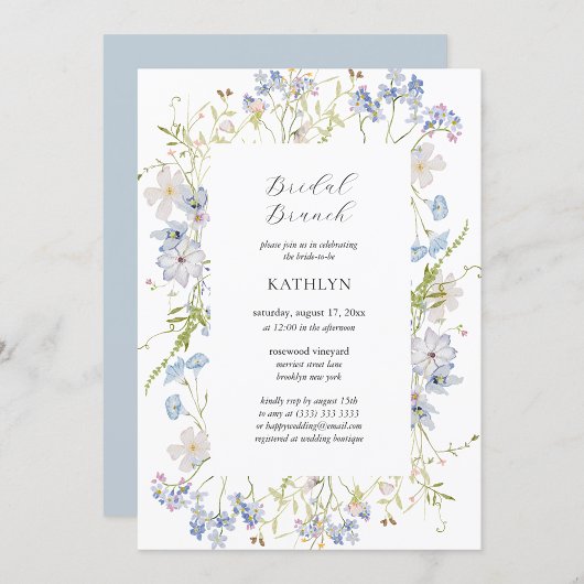 Invitation Brunch de mariée blanc Dusty Blue Fleur sauvage