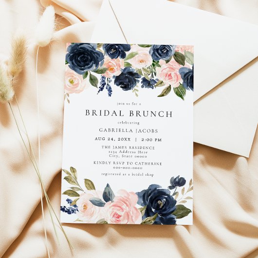 Invitation Brunch de mariée floral Blush Marine Romantique & 