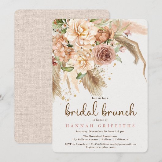 Invitation Brunch de mariée rose de Pampas et de boho (Devant / Derrière)