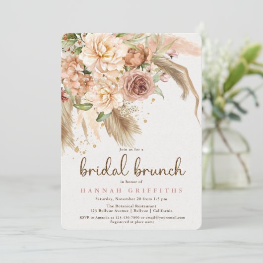 Invitation Brunch de mariée rose de Pampas et de boho (Debout devant)