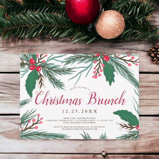Invitation Brunch de Noël à l'aquarelle rouge vert mistletoe