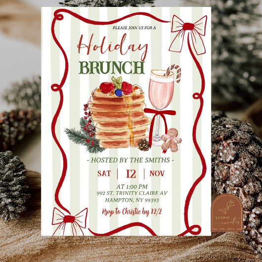 Invitation Brunch de Noël aux rayures vert sauge