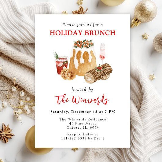 Invitation Brunch de Noël avec Pudding de Noël et Bûche de No