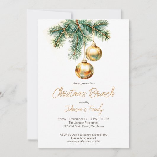 Invitation Brunch de Noël en or baubles pines (Devant)