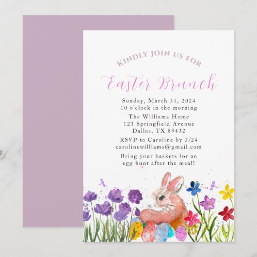 Invitation Brunch de Pâques Aquarelle Lapin Oeufs de lapin Fl (Devant / Derrière)