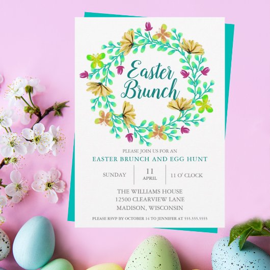 Invitation Brunch de Pâques Bright Turquoise Floral Élégant