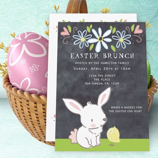 Invitation Brunch De Pâques Bunny Et Poulette Avec Fleurs De