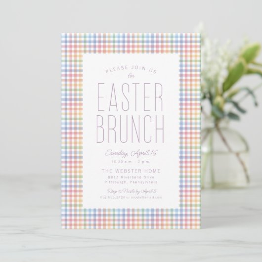 Invitation Brunch de Pâques cadre pastel plaid doux simple (Debout devant)