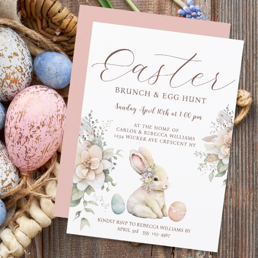 Invitation Brunch de Pâques Chasse aux Oeufs Bunny Floral