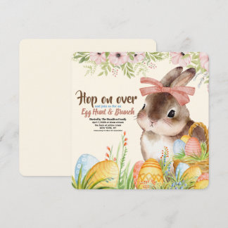 Invitation Brunch de Pâques & Chasse aux œufs Lapin aquarelle