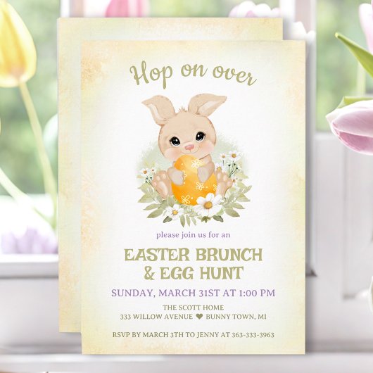 Invitation Brunch de Pâques Chasse aux Oeufs Lapin Jaune Cute