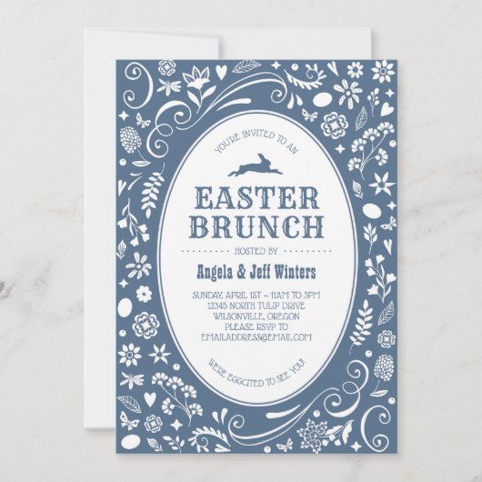Invitation Brunch de Pâques dans floral bleu de denim (Devant)