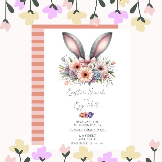Invitation Brunch de Pâques Floral Moderne Lapin Oreilles Inv