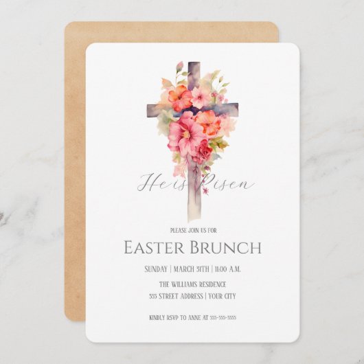 Invitation Brunch de Pâques Floral sur Croix (Devant / Derrière)
