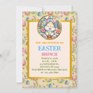Invitation BRUNCH DE PÂQUES, Lapin mignon, Œufs et floral