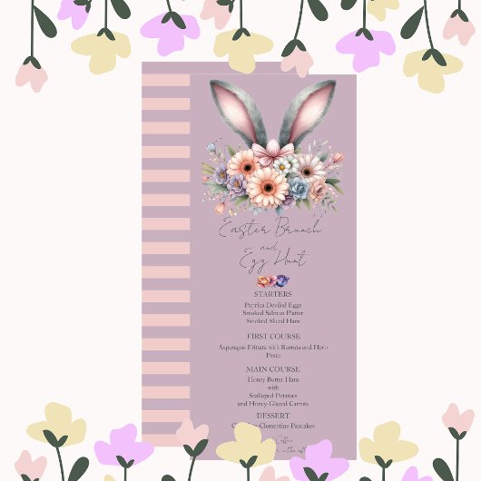 Invitation Brunch de Pâques Menu Joli Lapin Floral Oreilles V