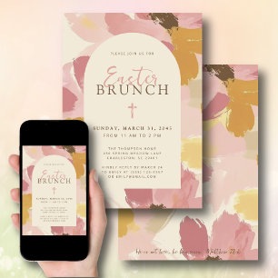 Invitation Brunch de Pâques Moderne Rose Floral Cross Christi